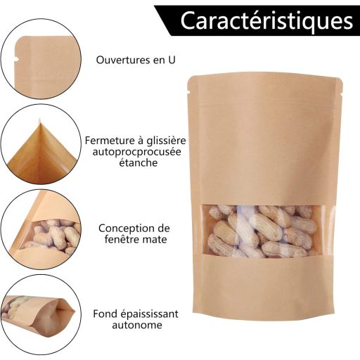 SENENQU 200 db Papírzacskó Ablakkal, 9x14 cm Álló Kraft Tasak Élelmiszerhez és Dióhoz