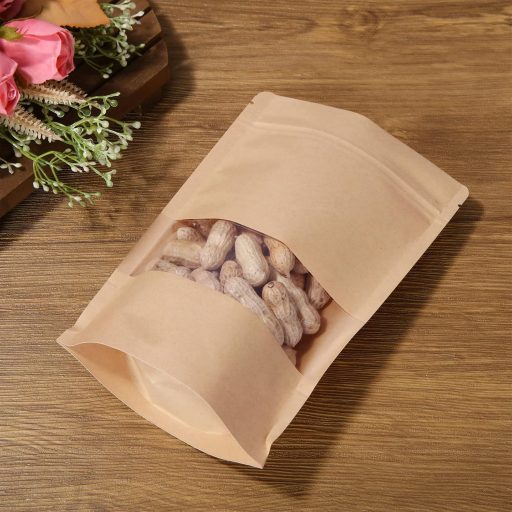 SENENQU 200 db Papírzacskó Ablakkal, 9x14 cm Álló Kraft Tasak Élelmiszerhez és Dióhoz
