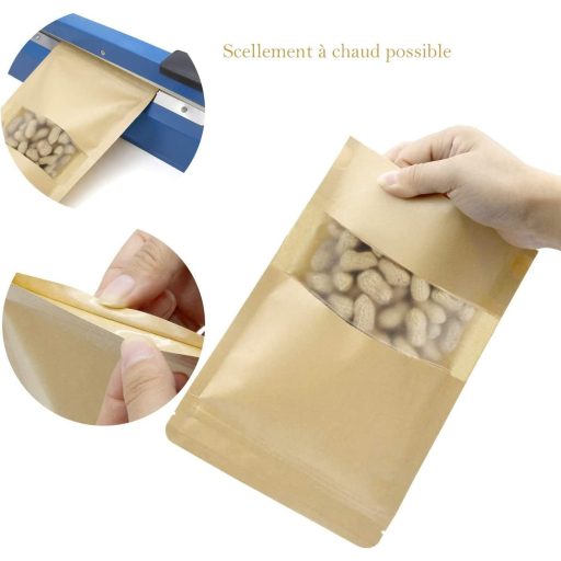 SENENQU 200 db Papírzacskó Ablakkal, 9x14 cm Álló Kraft Tasak Élelmiszerhez és Dióhoz