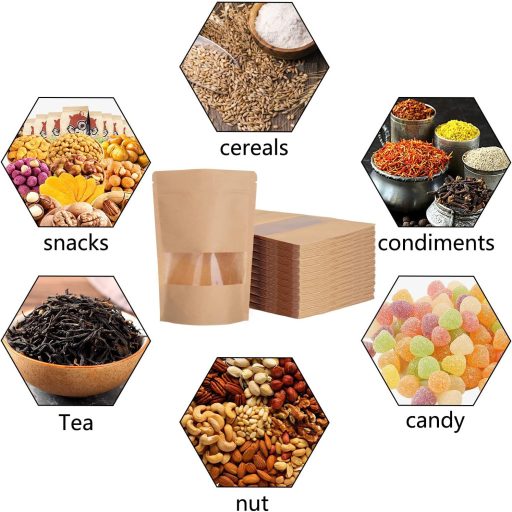 SENENQU 200 db Papírzacskó Ablakkal, 9x14 cm Álló Kraft Tasak Élelmiszerhez és Dióhoz