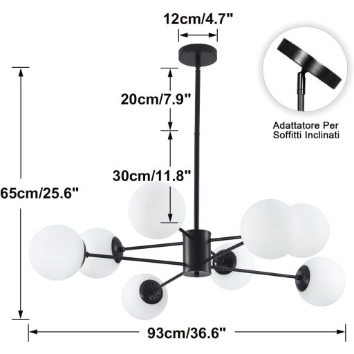 KCO fekete Sputnik csillár 8 izzós mennyezeti lámpa üveggolyóval