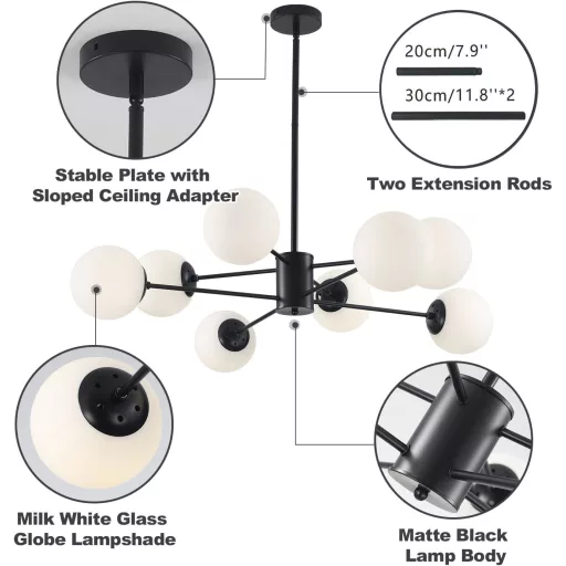 KCO fekete Sputnik csillár 8 izzós mennyezeti lámpa üveggolyóval