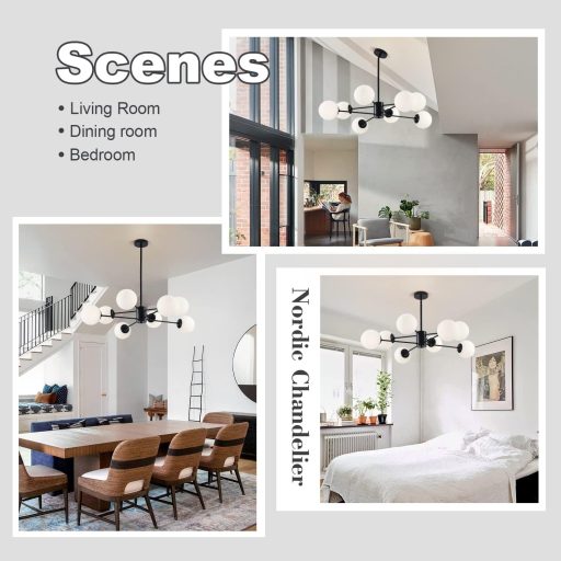 KCO fekete Sputnik csillár 8 izzós mennyezeti lámpa üveggolyóval