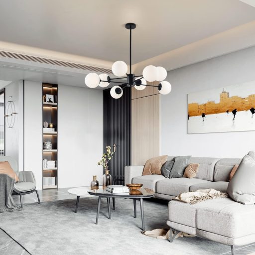 KCO fekete Sputnik csillár 8 izzós mennyezeti lámpa üveggolyóval