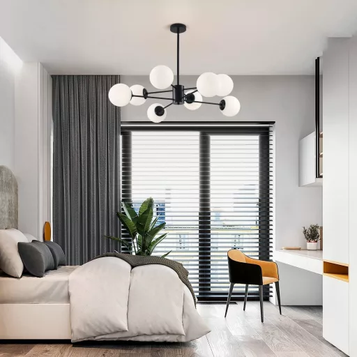 KCO fekete Sputnik csillár 8 izzós mennyezeti lámpa üveggolyóval