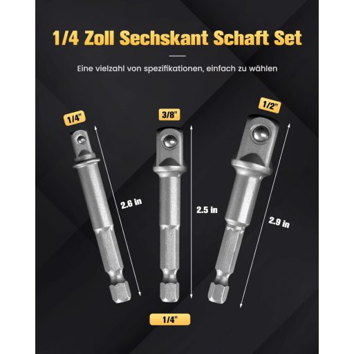 Set 3 adaptoare pentru chei tubulare Mr.wintek 1/4" 3/8" 1/2" SAE Cr-V pentru bormașină