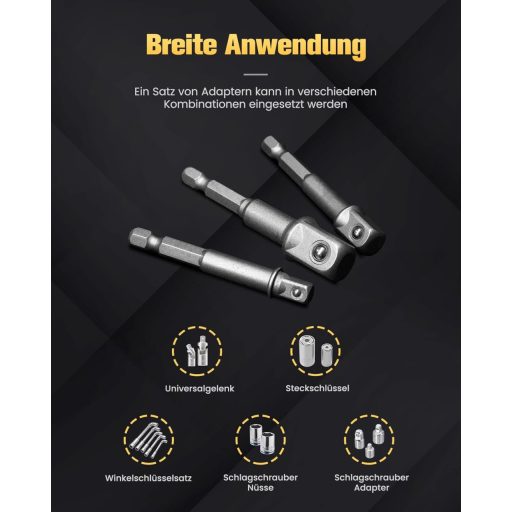 Set 3 adaptoare pentru chei tubulare Mr.wintek 1/4" 3/8" 1/2" SAE Cr-V pentru bormașină
