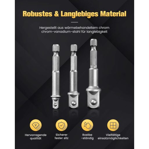 Set 3 adaptoare pentru chei tubulare Mr.wintek 1/4" 3/8" 1/2" SAE Cr-V pentru bormașină