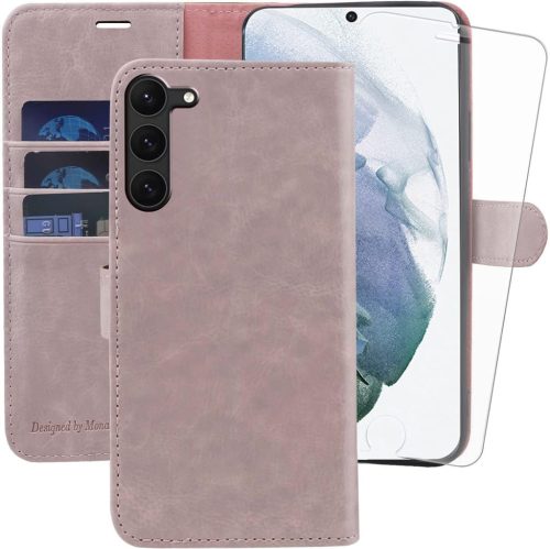 MONASAY Samsung Galaxy S23 5G Bőr Flip Tok - Rózsaszín, Kártyatartóval, Állvánnyal, Mágneses Záródással, Ütésálló Védőtok, Képernyővédő Fóli