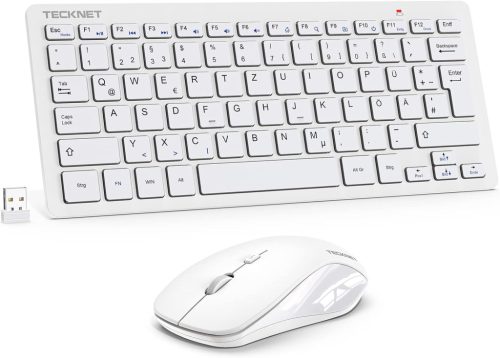 Set tastatură și mouse wireless TECKNET, layout German QWERTZ, rază de acțiune 15m, taste silențioase, compatibil PC/Laptop/Smart TV, Alb