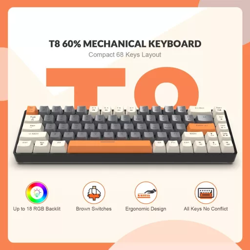 YINDIAO T8 60% Mechanikus Gaming Billentyűzet 68 Gomb TKL Brown Switch RGB