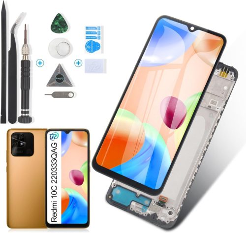 RongZy Xiaomi Redmi 10C LCD Kijelző és Érintőképernyő Csere Keret Szerelőkészlettel - Fekete, Kompatibilis 220333QAG/QBI/QNY/QL Modellekkel