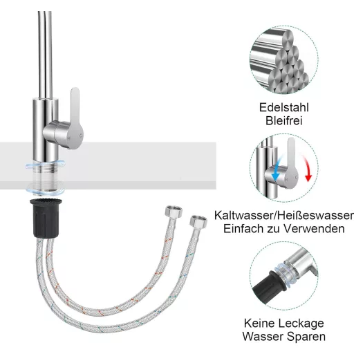 LifHap Konyhai Csaptelep - 360° Forgatható Egykaros Mosogatócsap Rozsdamentes Acélból, G3/8 Csatlakozással, Ezüst Színben
