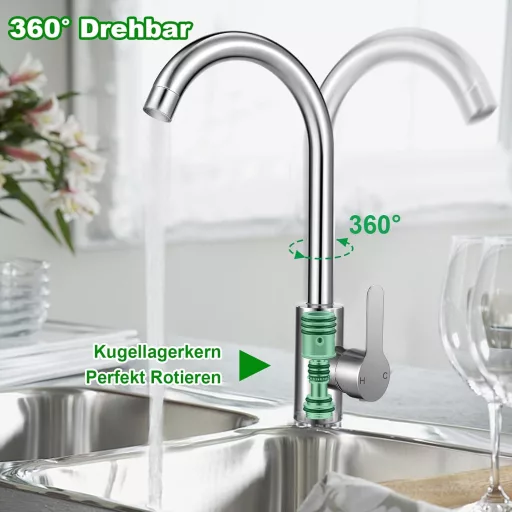 LifHap Konyhai Csaptelep - 360° Forgatható Egykaros Mosogatócsap Rozsdamentes Acélból, G3/8 Csatlakozással, Ezüst Színben