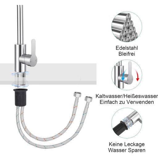 Kuchynská batéria LifHap - 360° otočná jednopáková batéria do drezu z nehrdzavejúcej ocele, s pripojením G3/8, v striebornej farbe
