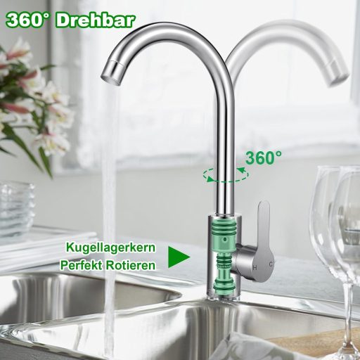 LifHap Konyhai Csaptelep - 360° Forgatható Egykaros Mosogatócsap Rozsdamentes Acélból, G3/8 Csatlakozással, Ezüst Színben