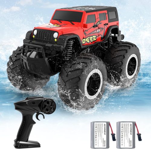 ACAMMZAR Kétéltű Távirányítós Autó Akksis- 2.4GHz 4WD 360° Forgás, Vízálló Monster Truck, 2 Akkumulátorral, Terepjáró RC Jármű 