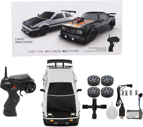 BuyWeek Mașină RC Drift, scară 1/16 - Mașină de curse cu telecomandă 2.4 GHz, tracțiune integrală, lumini LED, 2 seturi de cauciucuri, pentru băieți