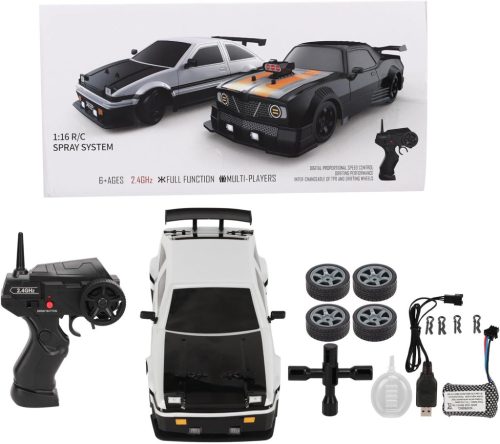 BuyWeek Mașină RC Drift, scară 1/16 - Mașină de curse cu telecomandă 2.4 GHz, tracțiune integrală, lumini LED, 2 seturi de cauciucuri, pentru băieți