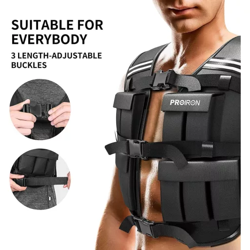 Vestă cu greutăți reglabilă PROIRON 10/20 kg, cu benzi reflectorizante, pentru alergare și antrenament.