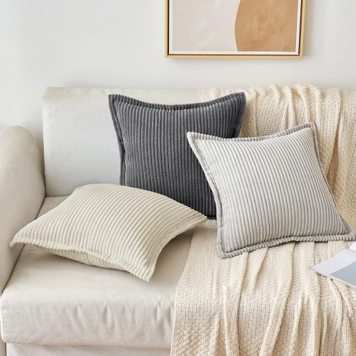 MIULEE Menčestrová obliečka na vankúš 45x45 cm svetlosivá pruhovaná 2 ks