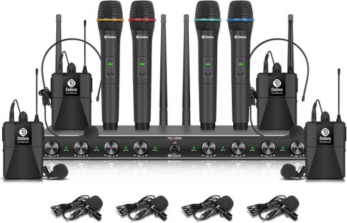 Sistem microfon fără fir UHF cu 8 canale Debra Audio AU800 Pro, 4 microfoane de mână și 4 lavaliere, unitate receptor metalică pentru karaoke, spectacole.