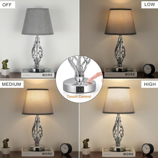 Kakanuo 2 darabos érintésérzékeny asztali lámpa USB-C töltéssel, 3 fokozatú fényerő, szürke lenvászon búra