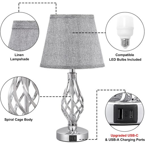 Kakanuo 2 darabos érintésérzékeny asztali lámpa USB-C töltéssel, 3 fokozatú fényerő, szürke lenvászon búra