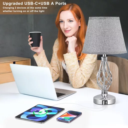 Set de 2 lămpi de masă cu control tactil Kakanuo, cu încărcare USB-C, 3 trepte de intensitate, abajur din in gri