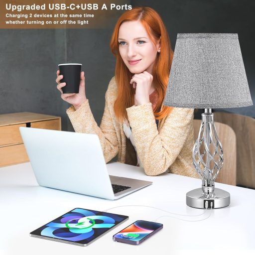 Kakanuo 2 darabos érintésérzékeny asztali lámpa USB-C töltéssel, 3 fokozatú fényerő, szürke lenvászon búra