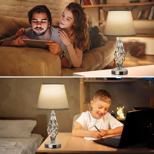 Set de 2 lămpi de masă cu control tactil Kakanuo, cu încărcare USB-C, 3 trepte de intensitate, abajur din in gri