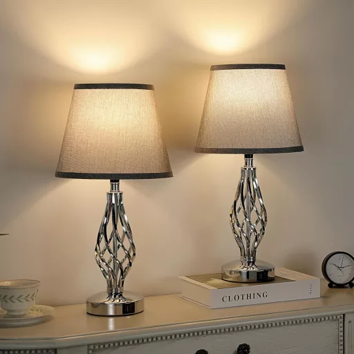 Set de 2 lămpi de masă cu control tactil Kakanuo, cu încărcare USB-C, 3 trepte de intensitate, abajur din in gri