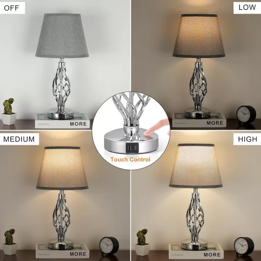 Kakanuo 2 darabos érintésérzékeny asztali lámpa USB-C töltéssel, 3 fokozatú fényerő, szürke lenvászon búra