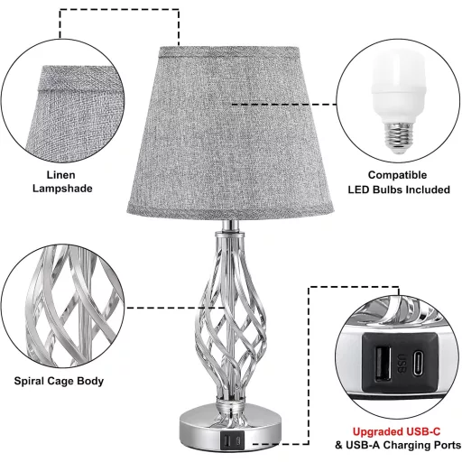 Kakanuo 2 darabos érintésérzékeny asztali lámpa USB-C töltéssel, 3 fokozatú fényerő, szürke lenvászon búra