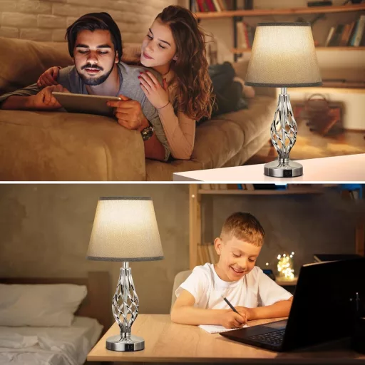 Kakanuo 2 darabos érintésérzékeny asztali lámpa USB-C töltéssel, 3 fokozatú fényerő, szürke lenvászon búra