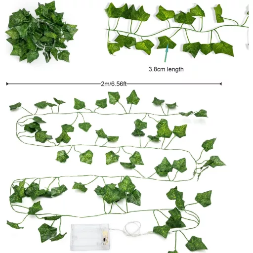 HUIYOU LED vilinska svjetla s umjetnim bršljanom - 2m, 20 LED, toplo bijela, s timerom, na baterije - unutarnja dekoracija za vjenčanja, zabave