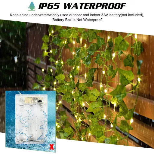 HUIYOU LED vilinska svjetla s umjetnim bršljanom - 2m, 20 LED, toplo bijela, s timerom, na baterije - unutarnja dekoracija za vjenčanja, zabave