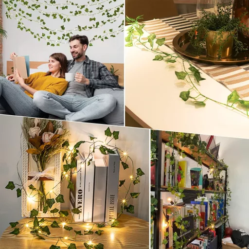 HUIYOU LED vilinska svjetla s umjetnim bršljanom - 2m, 20 LED, toplo bijela, s timerom, na baterije - unutarnja dekoracija za vjenčanja, zabave