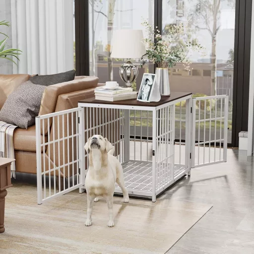 BingoPaw Fa Kutyaház kennel Asztal Funkcióval 3 Ajtós Fehér 78x56x65cm