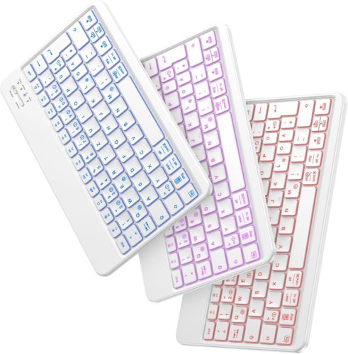 Tastatură Bluetooth Emetok pentru iPad/iPhone/Dispozitive Android - Iluminare de fundal în 7 culori, Reîncărcabilă, Ultra-subțire, Wireless, Albă