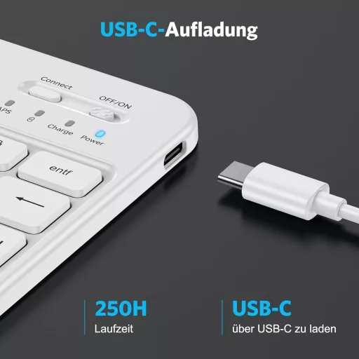 Emetok Német QWERTZ Bluetooth Billentyűzet iPad/iPhone/Samsung/Android Készülékekhez - Ultravékony, Újratölthető, Vezeték Nélküli, Fehér