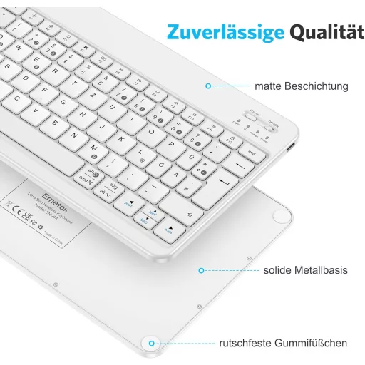 Emetok Német QWERTZ Bluetooth Billentyűzet iPad/iPhone/Samsung/Android Készülékekhez - Ultravékony, Újratölthető, Vezeték Nélküli, Fehér