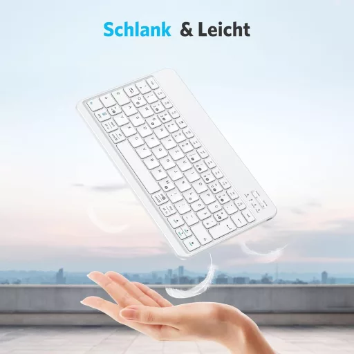 Emetok Német QWERTZ Bluetooth Billentyűzet iPad/iPhone/Samsung/Android Készülékekhez - Ultravékony, Újratölthető, Vezeték Nélküli, Fehér