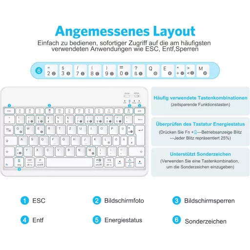 Emetok Német QWERTZ Bluetooth Billentyűzet iPad/iPhone/Samsung/Android Készülékekhez - Ultravékony, Újratölthető, Vezeték Nélküli, Fehér