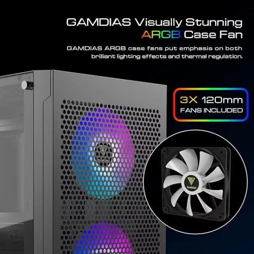Carcasă PC gaming GAMDIAS TALOS albă, EATX, 3 ventilatoare ARGB, sticlă securizată, Type-C