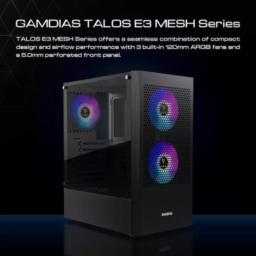 Carcasă PC gaming GAMDIAS TALOS albă, EATX, 3 ventilatoare ARGB, sticlă securizată, Type-C