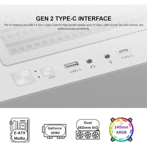 GAMDIAS TALOS fehér gaming számítógépház EATX, 3 ARGB ventilátor, edzett üveg, Type-C