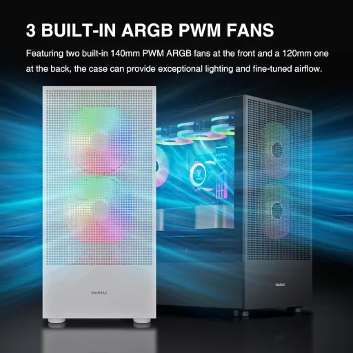 Carcasă PC gaming GAMDIAS TALOS albă, EATX, 3 ventilatoare ARGB, sticlă securizată, Type-C