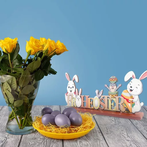 KEELYY Decoratiune de Paște pentru Pom cu Inscripție - Suport de Masă cu Iepuraș și Inscripția Paște Fericit - Ornament Festiv de Primăvară Ajustabil