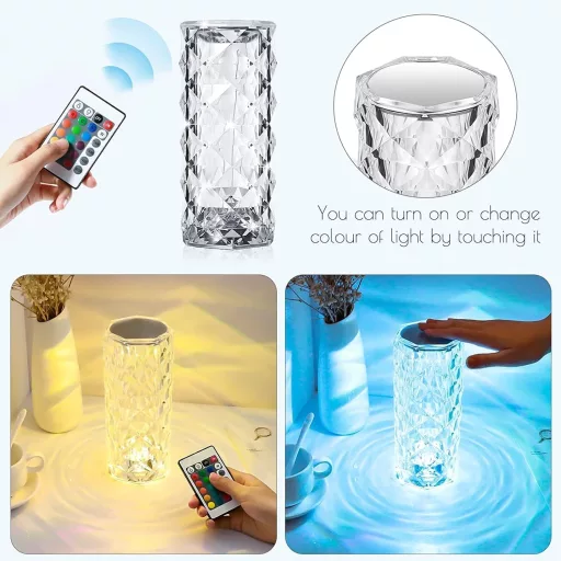 Lampă de masă LED cristal Sunshine Smile, 16 culori, control tactil, lumină de noapte